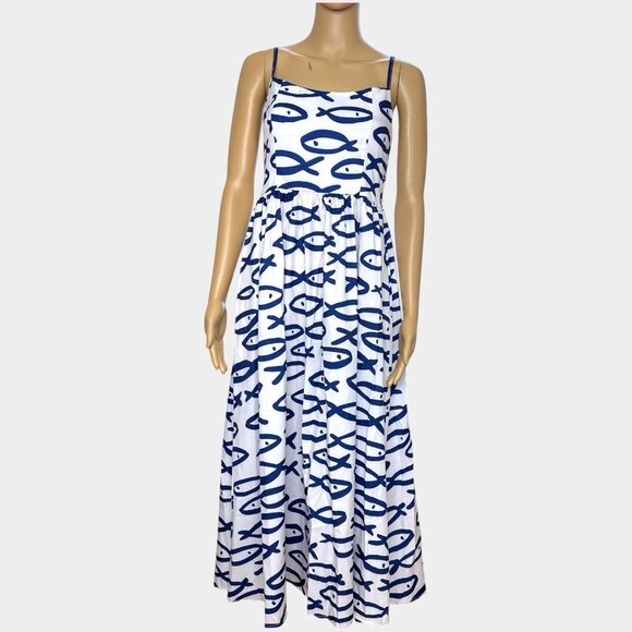 Women Fit & Flare Dress Size S Print Fish Blue Blue White Square Neck Sleeveless - Picture 3 of 8